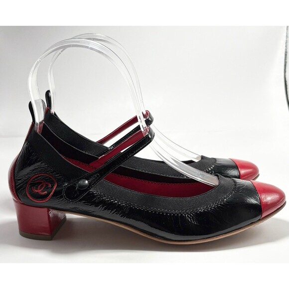 Chanel Mary Jane Block Heels Red & Black Patent Leather Cap Toe Sz EU 36 6 - Picture 1 of 10